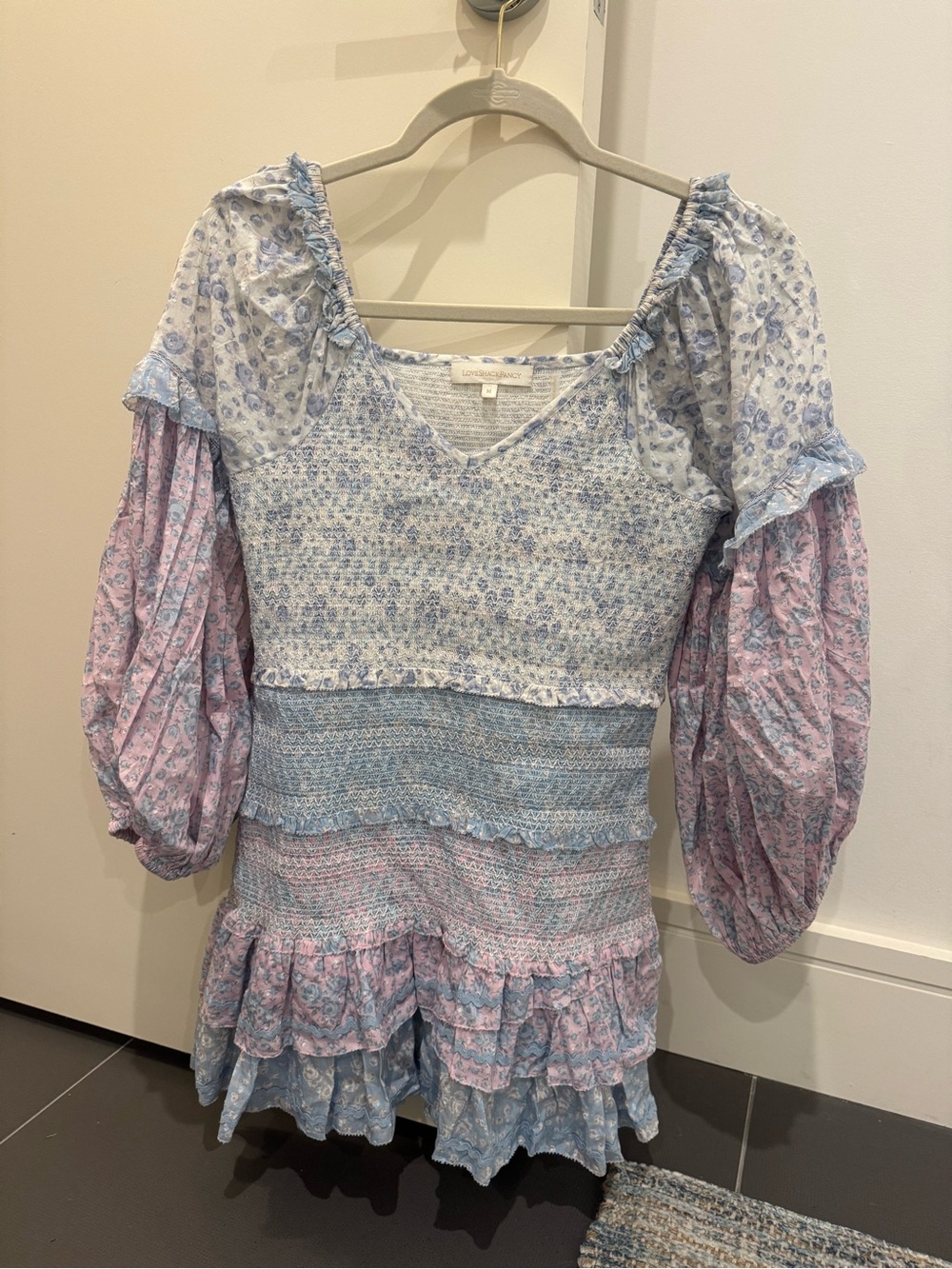 LoveShackFancy Blue & Pink Smocked Mini Dress